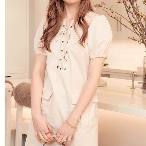 L T D Lace Up Front Slight Puff Short Sleeves Mini Dress. Cream (Stone)  Sz 8 - Picture 3 of 11